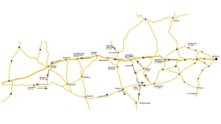 El itinerario seguido por Miguel de Cervantes por tierras sevillanas y onubenses