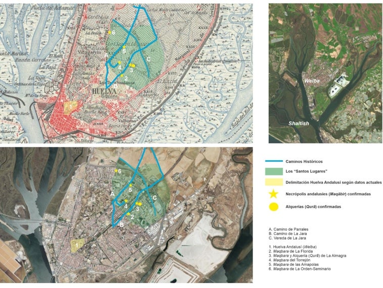 Imagen principal - Área definida en cartografía histórica como «Los Santos Lugares» y localización de las evidencias arqueológicas andalusíes conocidas hasta la fecha en Huelva capital / Localización espacial enterramientos intervenidos y no intervenidos por excavación en el conjunto de las actuaciones arqueológicas / Cartel explicativo actual en la plaza de las Amapolas