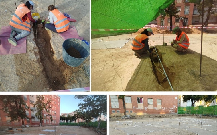 Imagen principal - Trabajos de limpieza arqueológica general y excavación Tumba 44 (ET 25). Tapado y cubrición general con geotextil de todas las evidencias de manera previa a los aportes y rellenos de tierras de las obras definitivas de urbanización / Diferentes perspectivas de la plaza de las Amapolas
