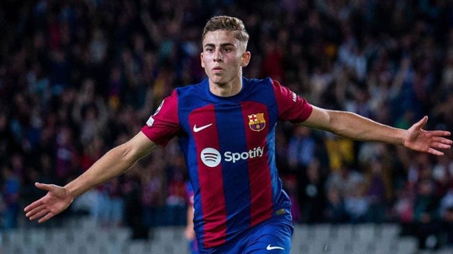 Fermín López celebrando un gol con el Barcelona