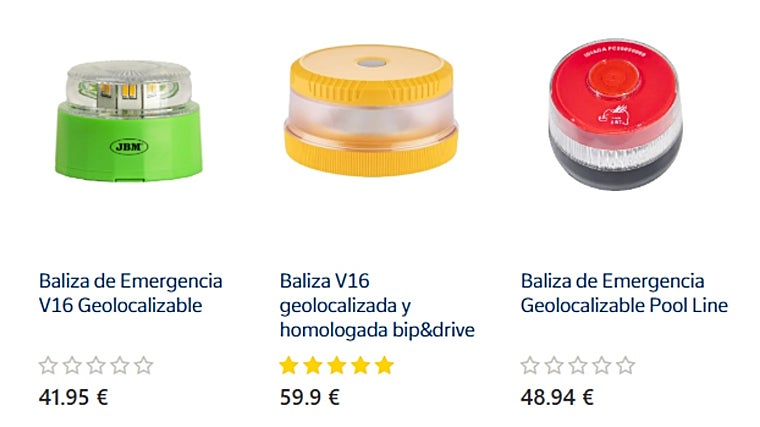 Los tres modelos de baliza V16 comercializados por Correos en España