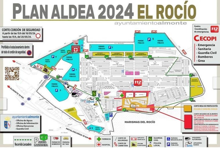 Plano del Rocío 2024: calles, paradas de autobuses y aparcamientos