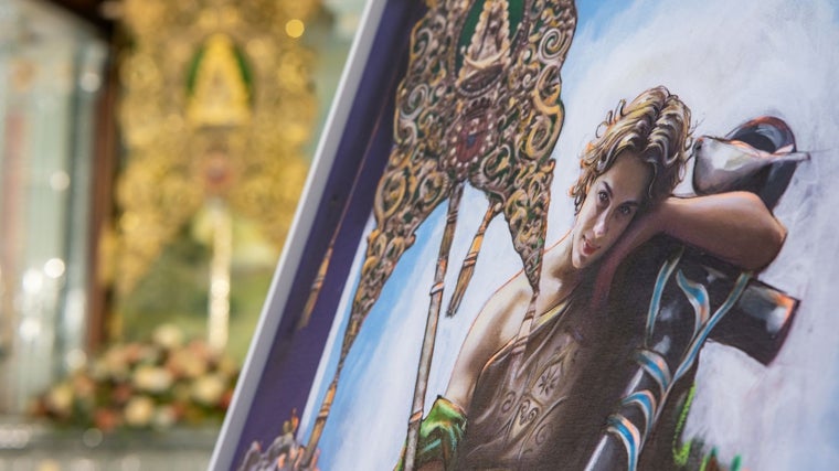 Detalle del cartel, con el simpecado de fondo