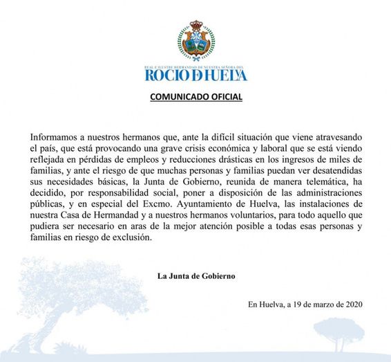 La Hermandad del Rocío de Huelva ofrece sus instalaciones para las familias en riesgo de exclusión