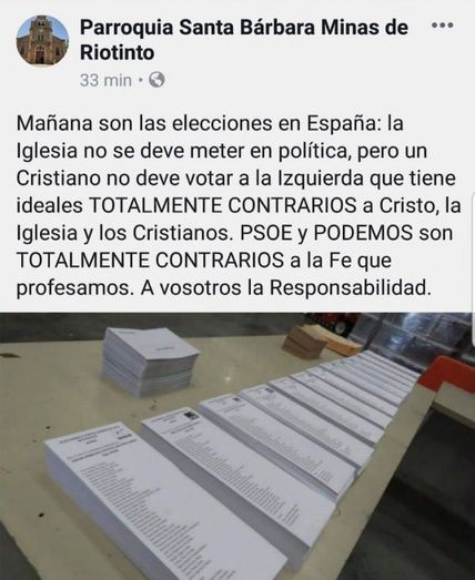 El cura de Riotinto llama a la reflexión de los fieles: el voto, ni al PSOE ni a Podemos