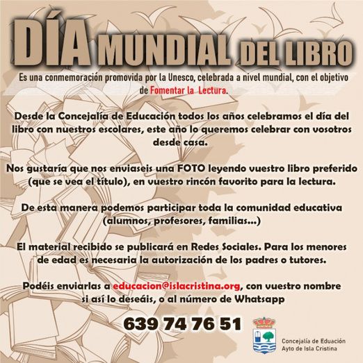 Isla Cristina convoca, a través de las redes sociales, el Día Escolar del Libro