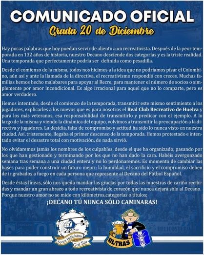 La Grada de Animación ’20 de Diciembre’ señala que 'no olvidaremos jamás los nombres de los culpables' del doble descenso