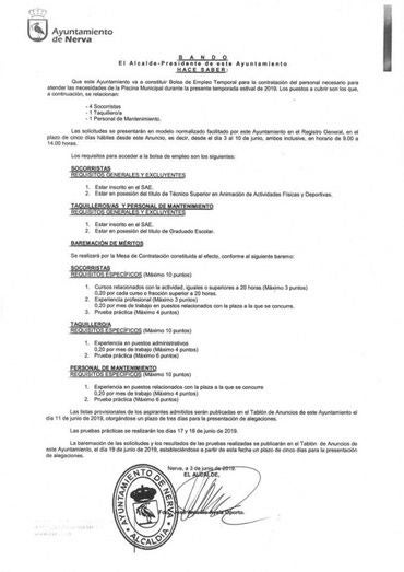 El Ayuntamiento de Nerva busca personal para la piscina municipal de verano
