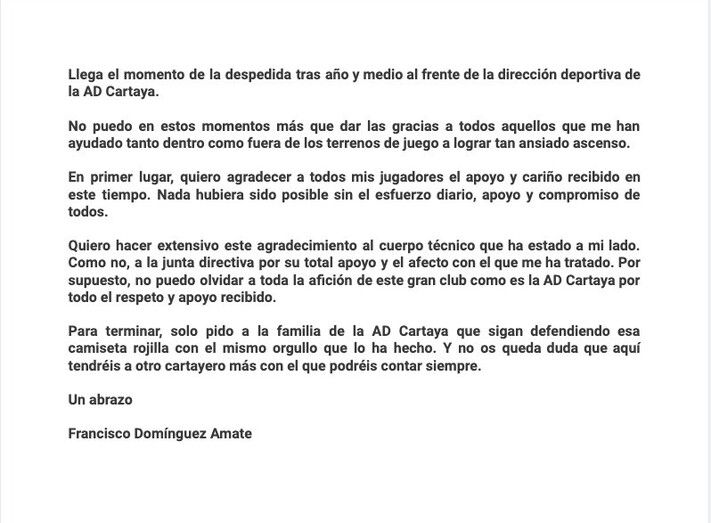 Paco Amate se despide del Cartaya agradeciendo 'todo el apoyo y cariño recibido en este tiempo'