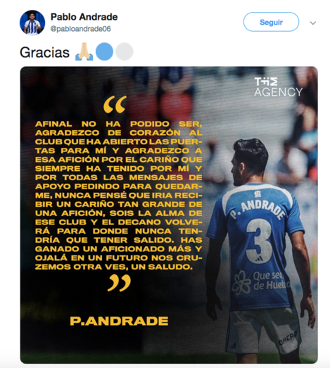 Pablo Andrade se despide: 'Nunca pensé que iría a recibir un cariño tan grande de una afición'