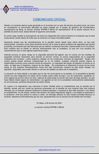 Alarma policial en Beas: hay un único agente local para todo el pueblo