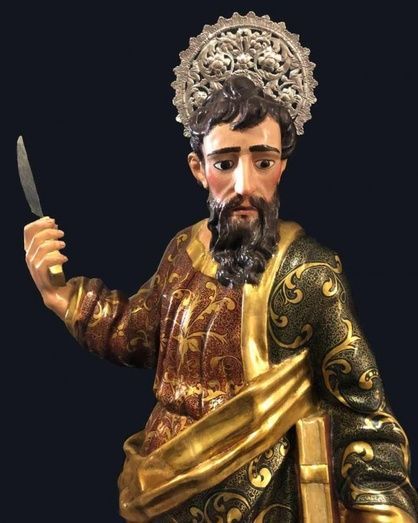 La imagen de San Bartolomé ya en está en Beas tras casi seis meses de restauración