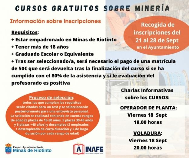 Dos cursos gratuitos sobre operador de planta y voladura en Minas de Riotinto