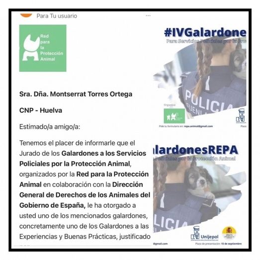 La policía nacional onubense Montse Torres, premiada en los Galardones de Protección Animal: “Me ayuda a seguir en la lucha”