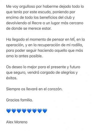 Álex Moreno se despide molesto porque el Recre no notificó públicamente que tenía que pasar por el quirófano