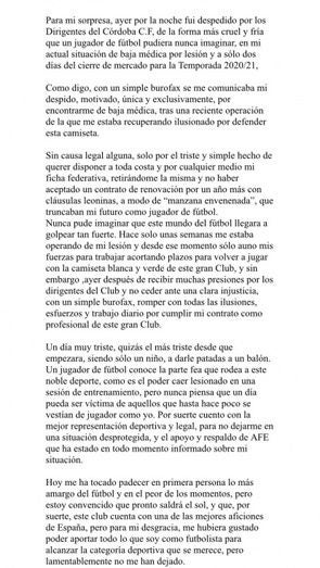Iván Robles despedido por el Córdoba 'de la forma más cruel y fría'
