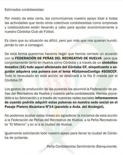 La Federación de Peñas del Recreativo recaudará fondos para salvar al Córdoba