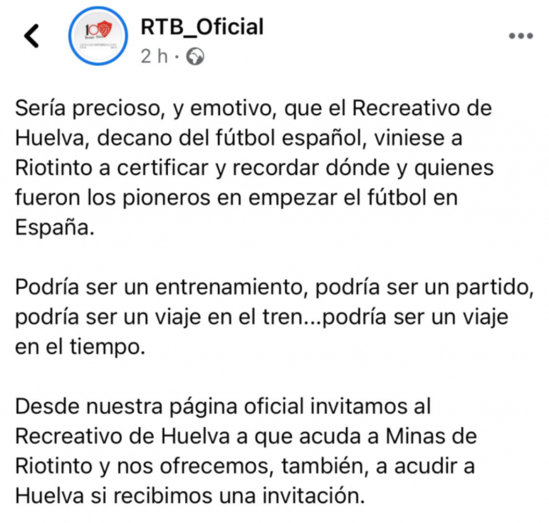 El Riotinto invita al Recre a que recuerde en su localidad 'quiénes fueron los pioneros'