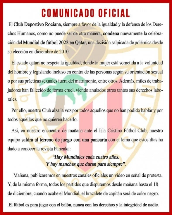 El CD Rociana muestra su repulsa contra el Mundial de Qatar por su trato deleznable a los derechos humanos