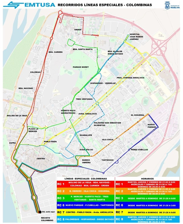 Plano de los recorridos de las líneas que llegan hasta las Fiestas Colombinas 2023