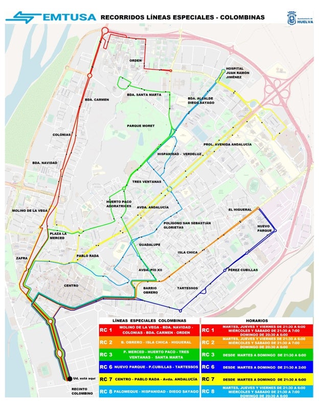 Mapa del recorrido de las seis líneas especiales para las Colombinas 2023