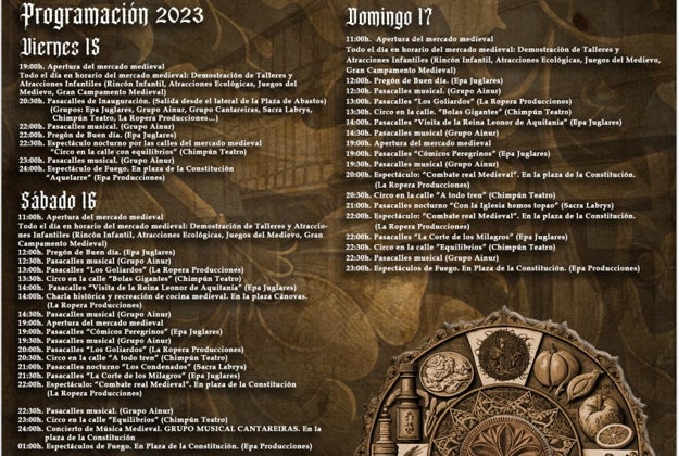 Programación del Mercado Medieval de Aljaraque durante los días 15, 16 y 17 de septiembre de 2023