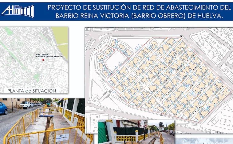 Imagen principal - Aguas de Huelva concluye, tras ocho meses, las obras de renovación de la red de abastecimiento del Barrio Obrero