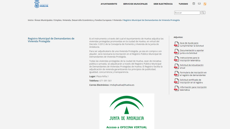 Captura de pantalla del apartado 'el Registro Municipal de Demandantes de Vivienda Protegida' de la web del Ayuntamiento de Huelva