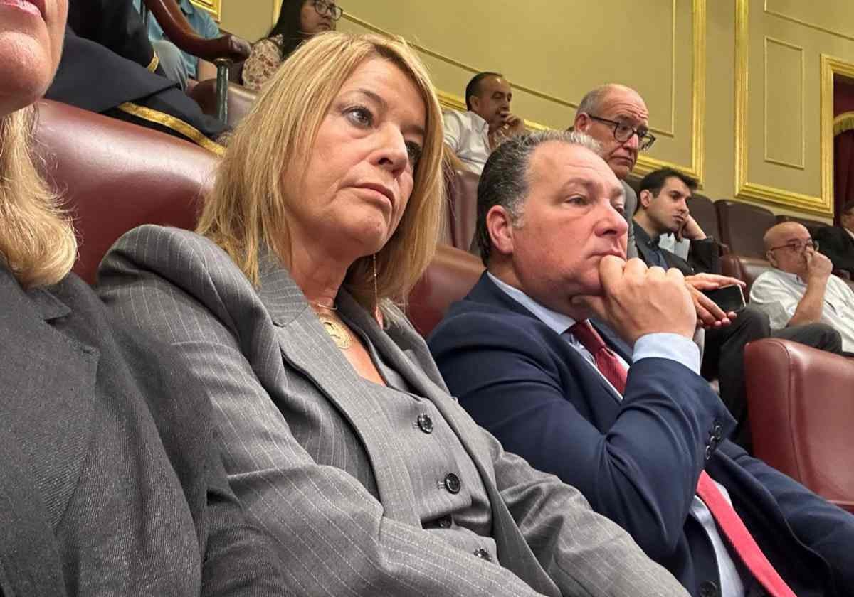 La alcaldesa de Huelva, Pilar Miranda, el miércoles, junto al presidente de la Diputación, David Toscano, en la tribuna de invitados del Congreso de los Diputados