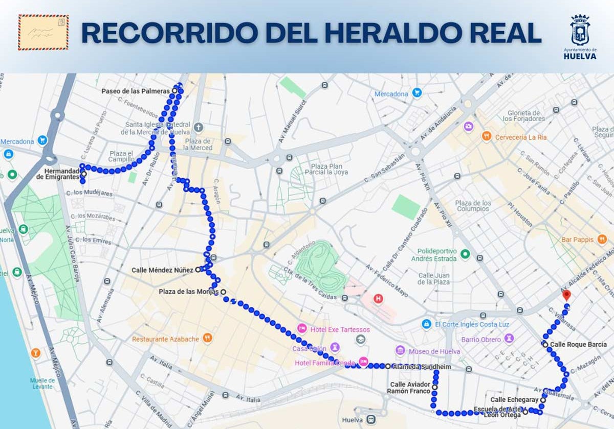 Este será el recorrido del Heraldo Real el viernes por las calles de Huelva