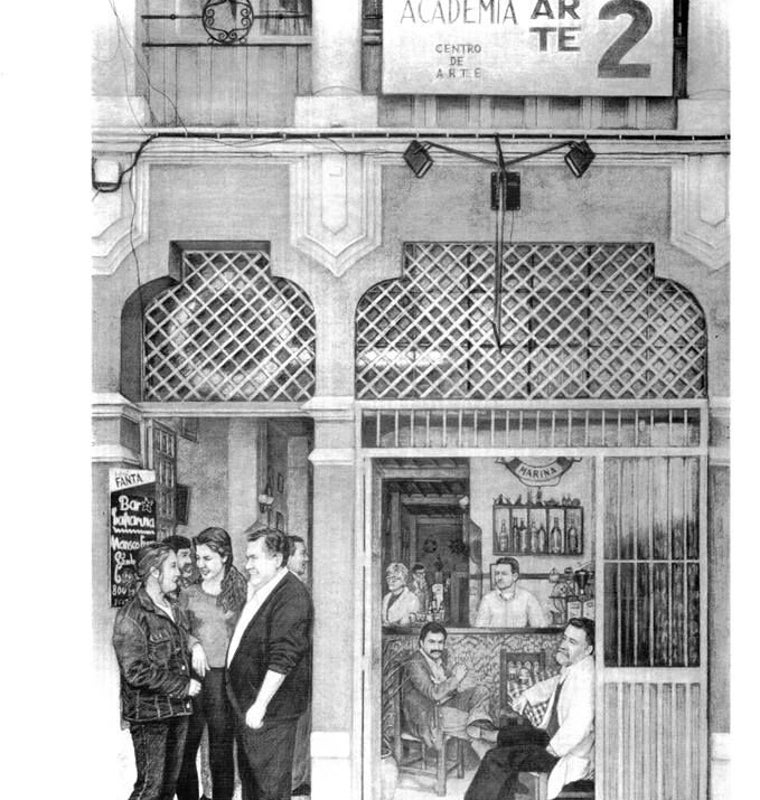 Bar Marina y Academia Arte2Sentados los profes de la academia. Fernando junto a la barra y Paco en el quicio de la puerta. Dibujo de Rafael Mélida (que también fue profesor de la academia en los inicios de su andadura)