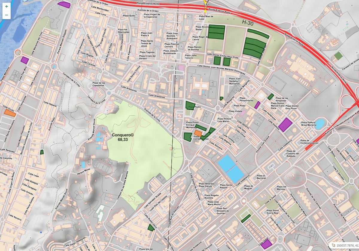 Mapa con las parcelas de la ciudad de Huelva señaladas