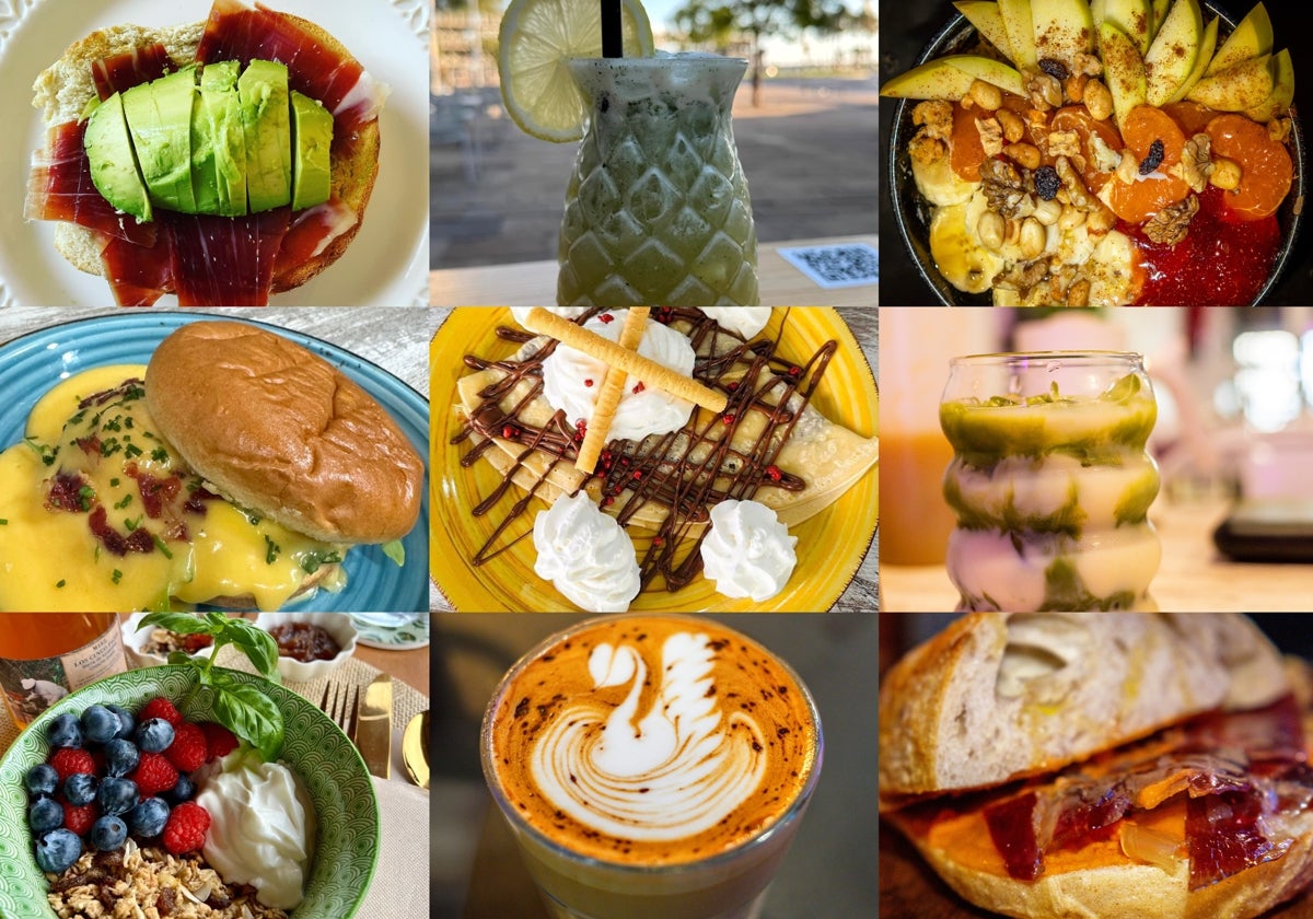Collage con algunos de los productos que ofrecen las cafeterías seleccionadas para desayunar en Huelva