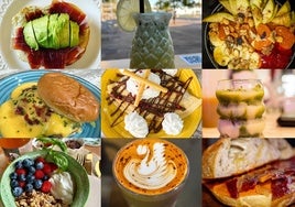 Collage con algunos de los productos que ofrecen las cafeterías seleccionadas para desayunar en Huelva