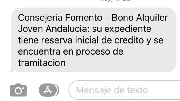 SMS de la Consejería de Fomento que indica que el Bono Alquiler Joven sigue en tramitación