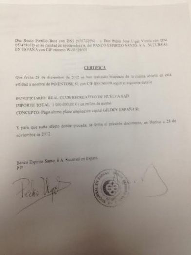 Gildoy envía seis documentos bancarios a Huelva Deporte demostrando que sí pagó la cantidad acordada por la compra del Recre