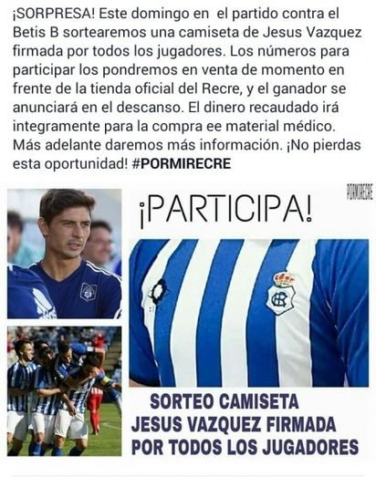 Por mi Recre recaudará dinero para material médico sorteando el domingo la camiseta oficial de Jesús Vázquez
