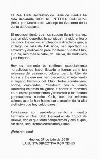 El Recreativo de Tenis, 'especialmente orgulloso' de ser declarado BIC