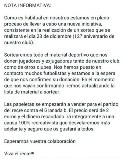 El colectivo Por mi Recre recaudará dinero mediante la venta de papeletas para 'una causa 100% recreativista'