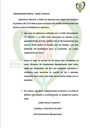 La Peña Sentimiento Blanquiverde viajará con 55 socios para el Recre-Córdoba B