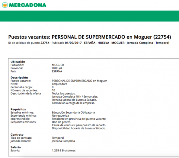 Necesitan diez trabajadores en el Mercadona de Moguer