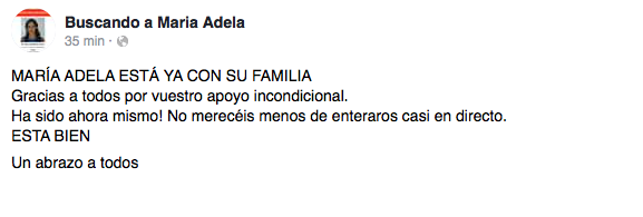 María Adela ya está con su familia en Niebla tras mes y medio desaparecida