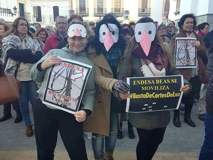 Los vecinos de Beas protestan vestidos de cigüeña hartos de los cortes de luz de Endesa
