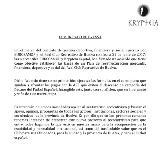 Krypteia anuncia un acuerdo con Eurosamop para acometer en el club un plan de 'reestructuración mercantil, financiera, deportiva y social'