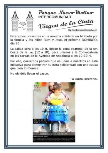 La Intercomunidad Parque Nuevo Molino se unirá a la marcha solidaria en bicicleta