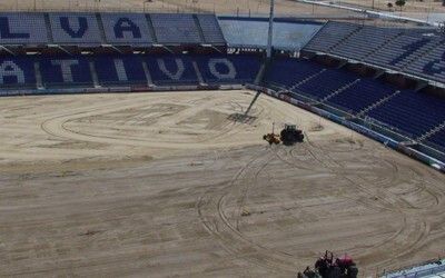 Comienza la replantación del césped del Nuevo Colombino