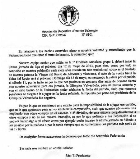 El Almonte amenaza con no presentarse a jugar ante la Olímpica por el traslado de la Virgen del Rocío