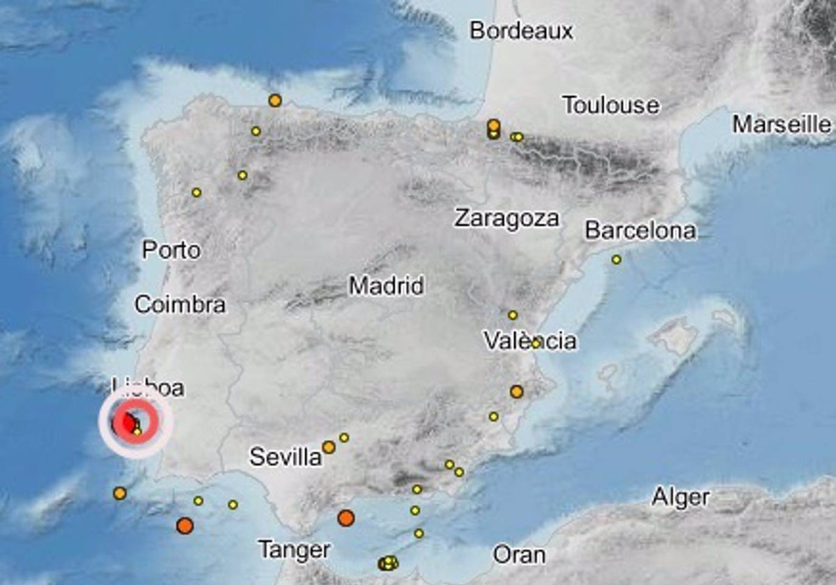 Imagen con la señal roja que indica la zona del terremoto