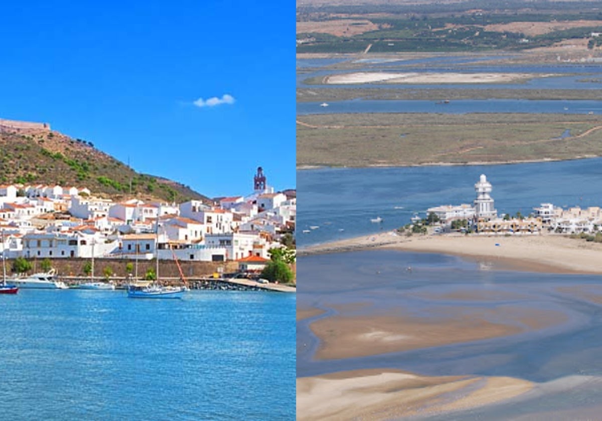 Vista panorámica de Sanlúcar de Guadiana y aérea de Isla Cristina, en la provincia de Huelva