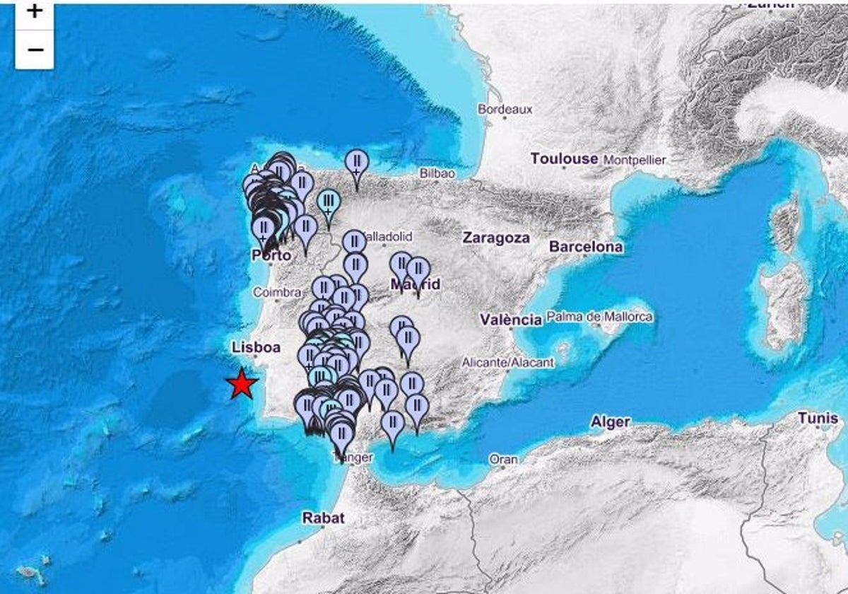 Mapa de intensidades del terremoto registrado al sur de Lisboa el pasado 26 de agosto